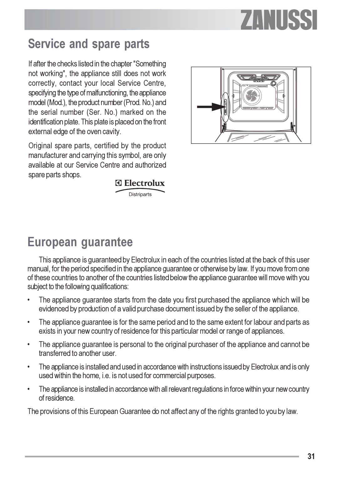 Zanussi ZOB 691 manual Service and spare parts, European guarantee 