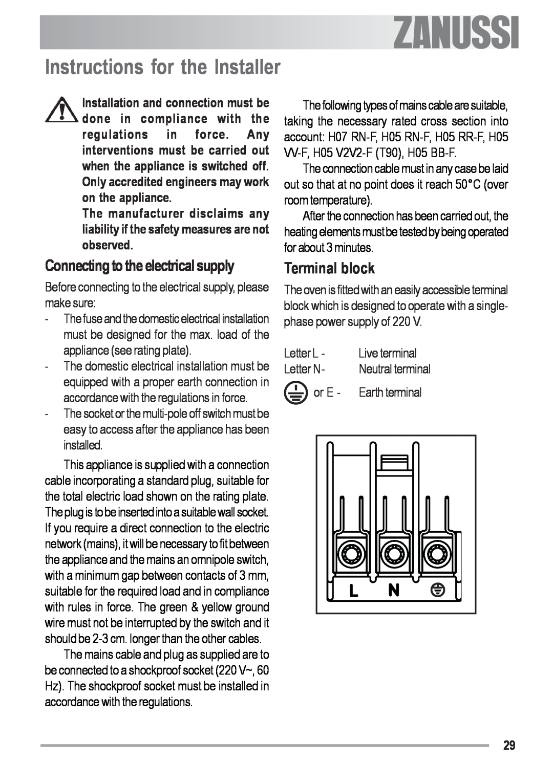 Zanussi ZOB 691 Instructions for the Installer, Terminal block, Connecting to the electrical supply, Letter L, Letter N 