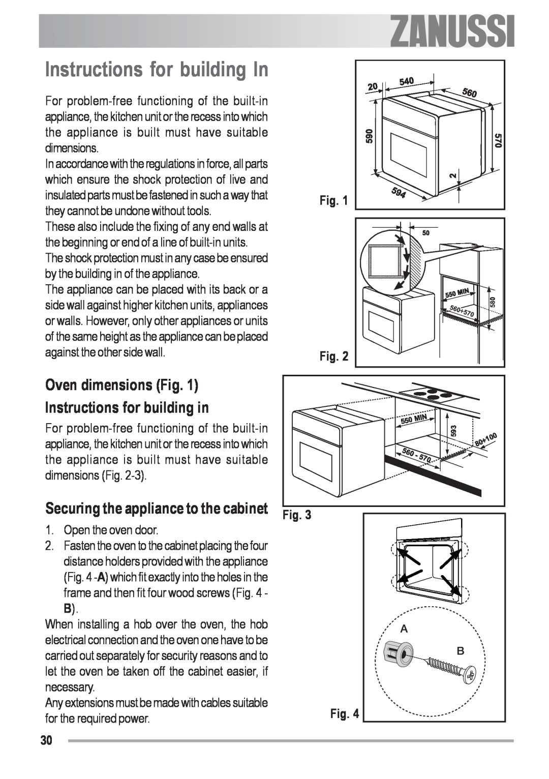 Zanussi ZOB 691 manual Instructions for building In, Oven dimensions Fig Instructions for building in, electrolux 