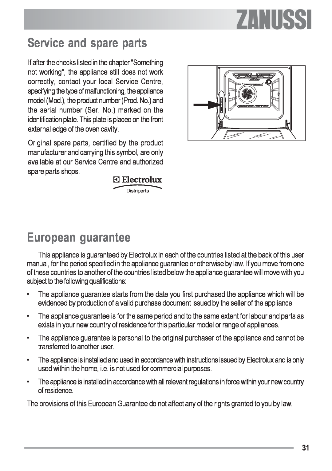 Zanussi ZOB 691 manual Service and spare parts, European guarantee, electrolux 