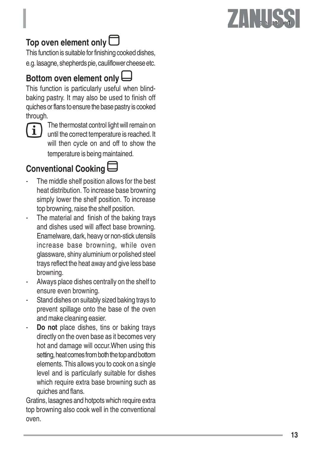 Zanussi ZOB 680, ZOB 780 manual Top oven element only, Bottom oven element only, Conventional Cooking 