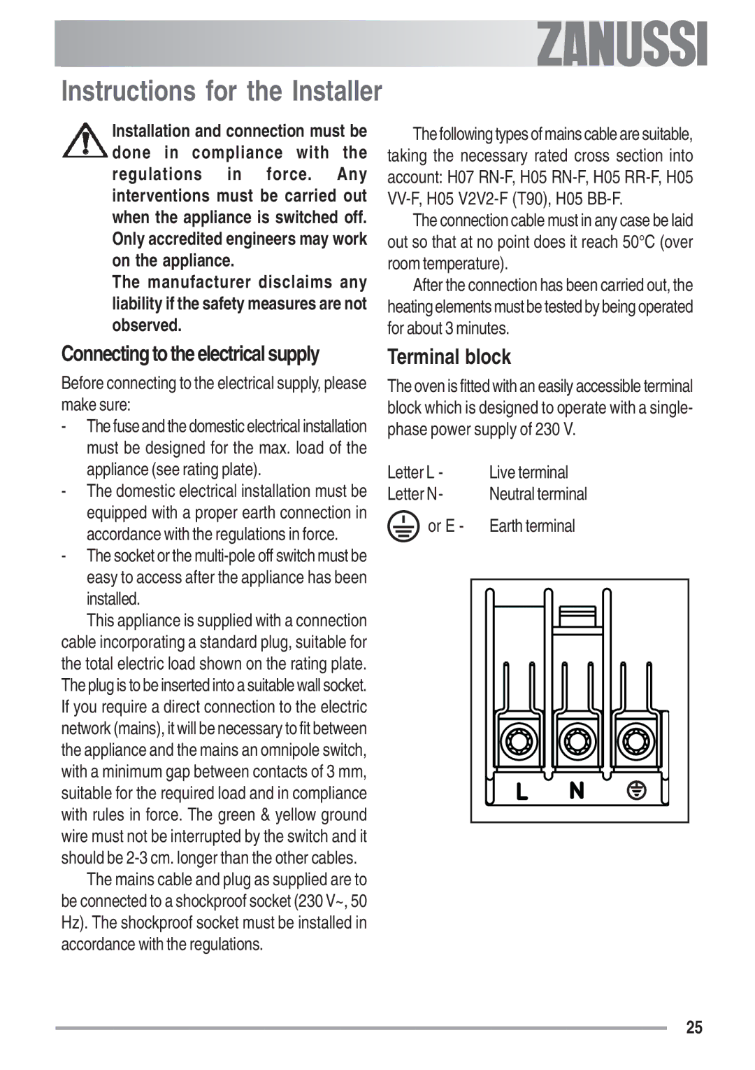 Zanussi ZOB 680, ZOB 780 manual Instructions for the Installer, Terminal block 