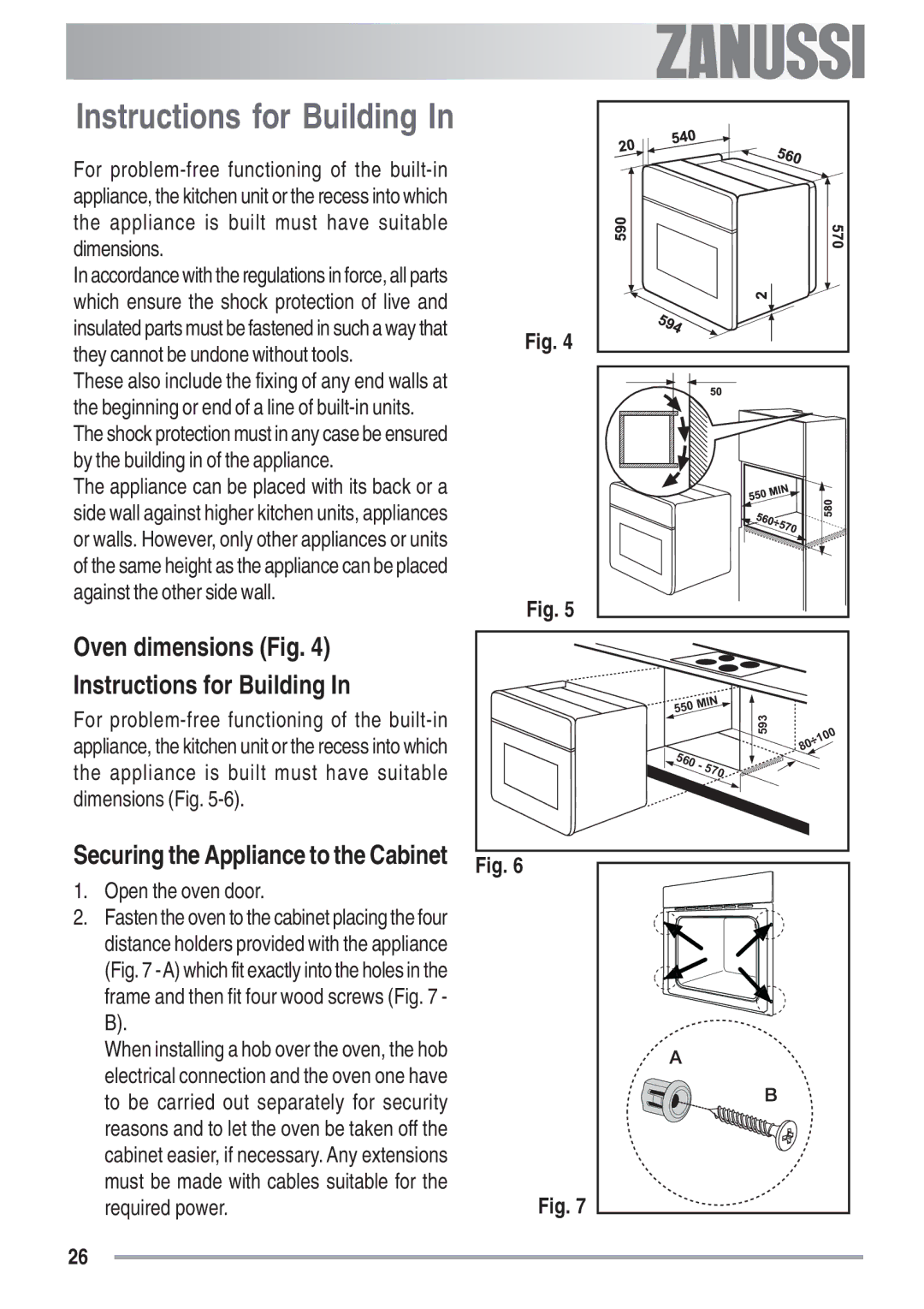 Zanussi ZOB 780, ZOB 680 manual Oven dimensions Fig Instructions for Building 