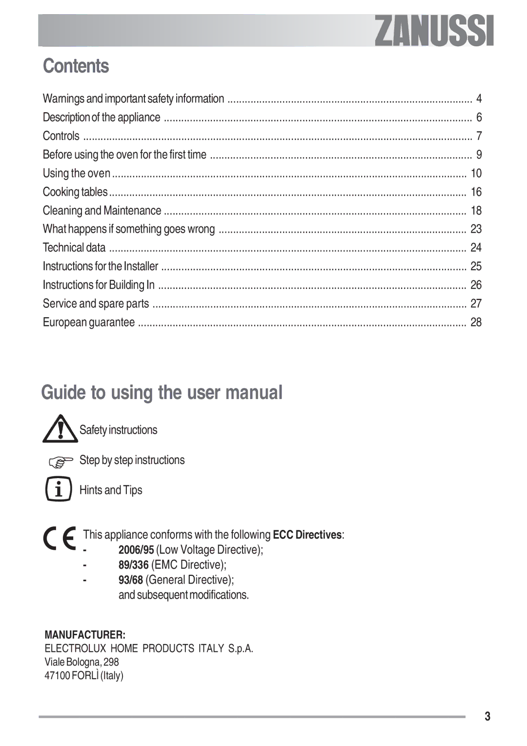 Zanussi ZOB 680, ZOB 780 manual Contents 