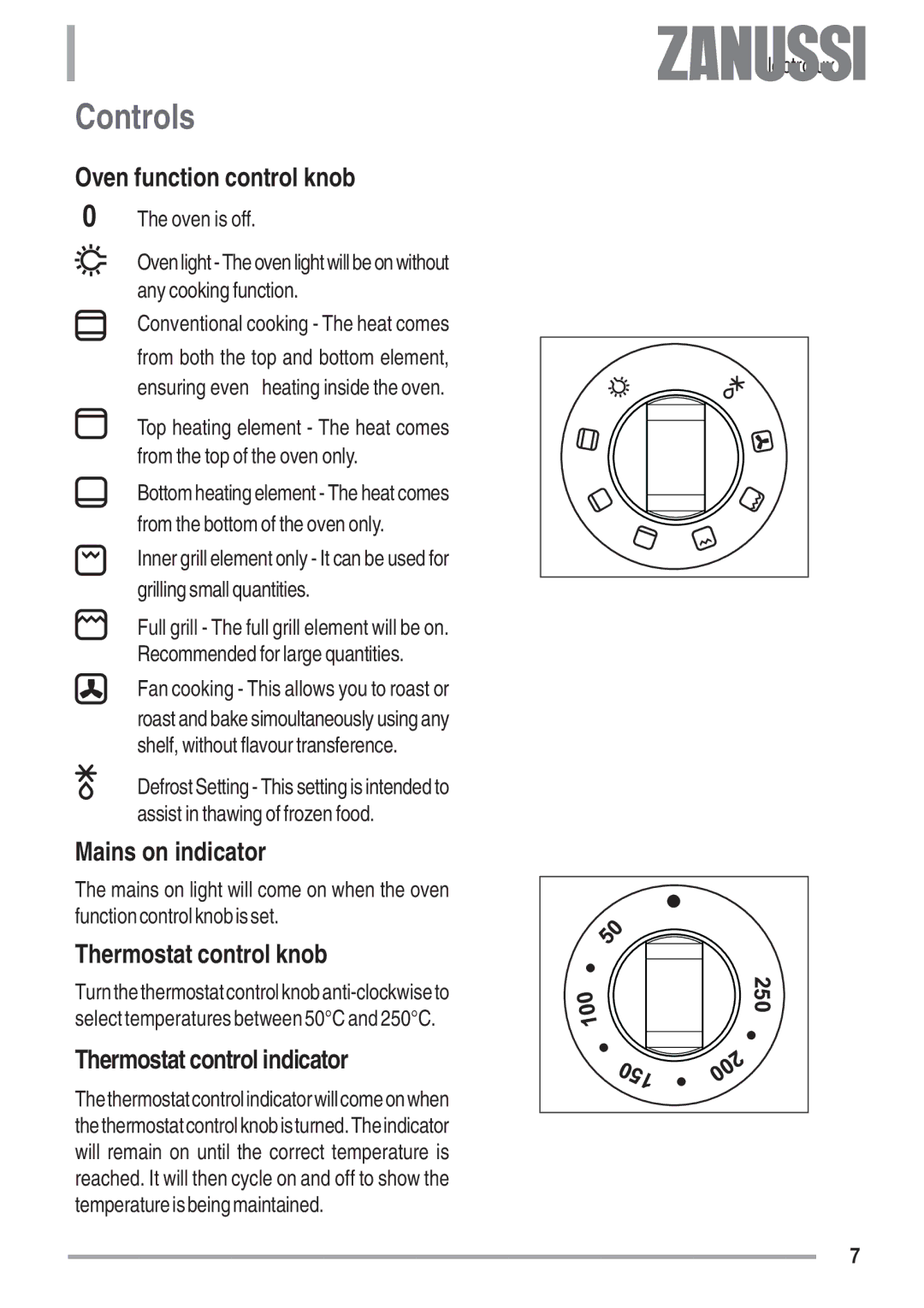 Zanussi ZOB 680, ZOB 780 manual Controls, Oven function control knob, Mains on indicator, Thermostat control knob 