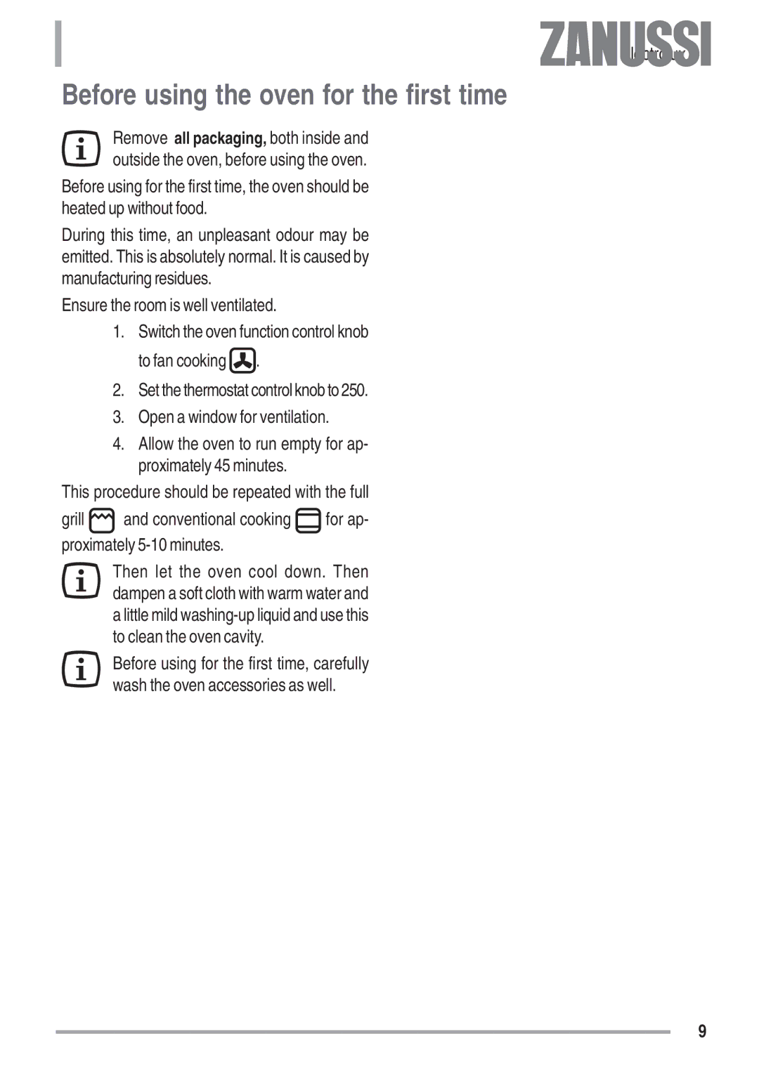 Zanussi ZOB 680, ZOB 780 manual Before using the oven for the first time 
