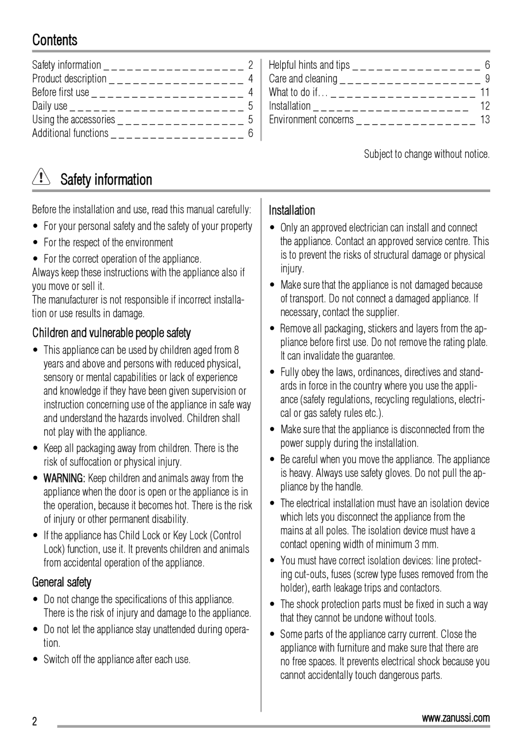 Zanussi ZOB10501 user manual Contents, Safety information 