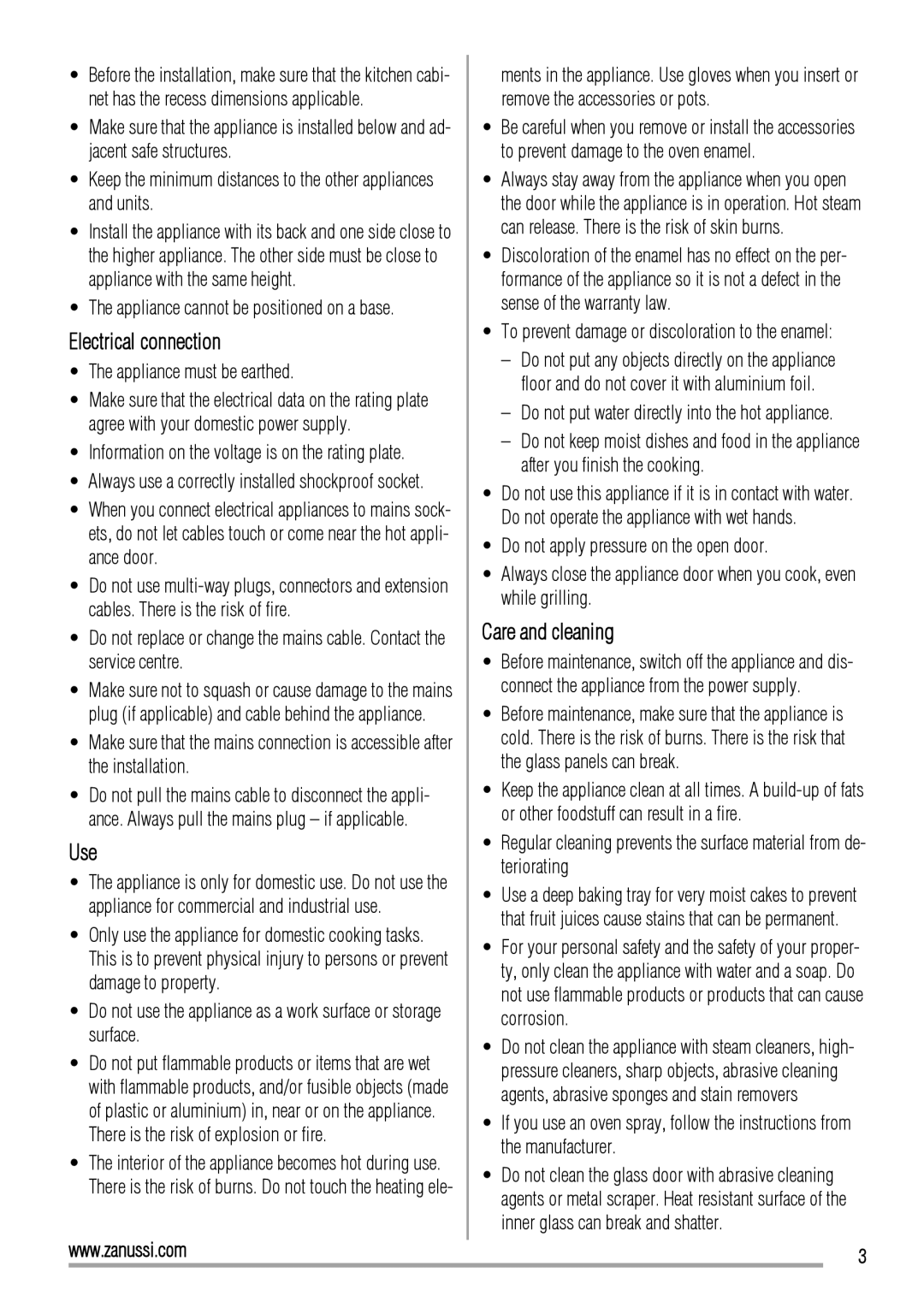 Zanussi ZOB10501 user manual Electrical connection, Use, Care and cleaning, Appliance must be earthed 