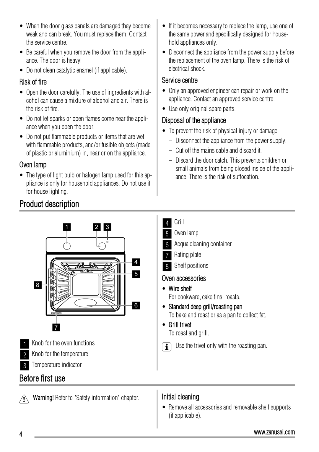 Zanussi ZOB10501 user manual Product description, Before first use 