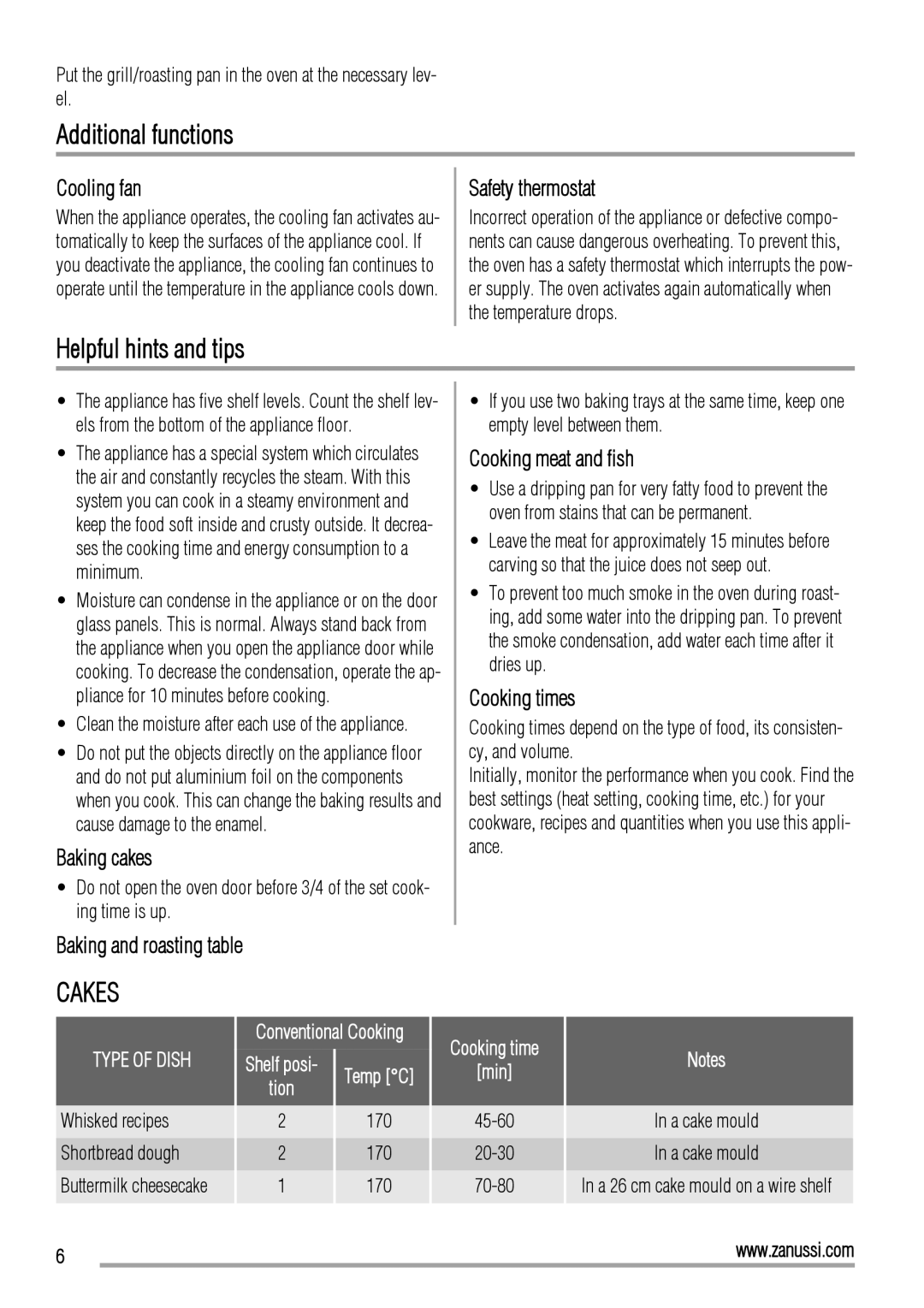 Zanussi ZOB10501 user manual Additional functions, Helpful hints and tips, Cakes 