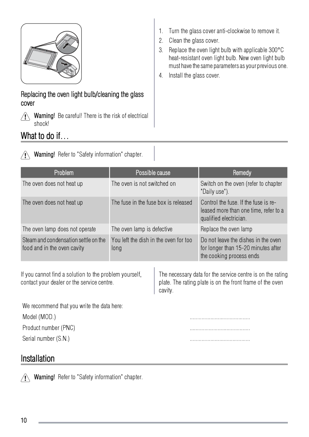 Zanussi ZOB142 user manual What to do if…, Installation, Replacing the oven light bulb/cleaning the glass cover 