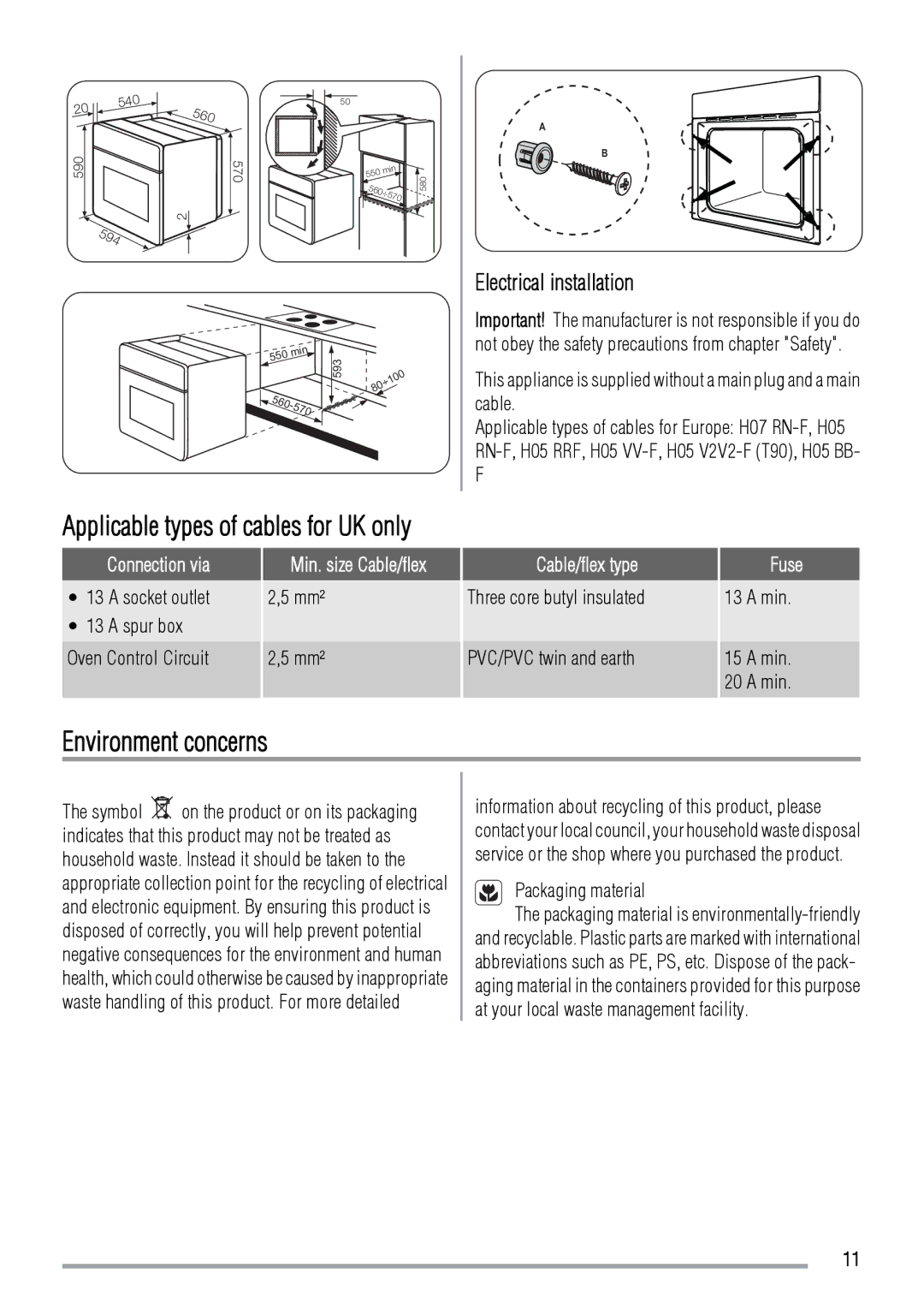 Zanussi ZOB142 Environment concerns, Electrical installation, Applicable types of cables for UK only, Connection via 