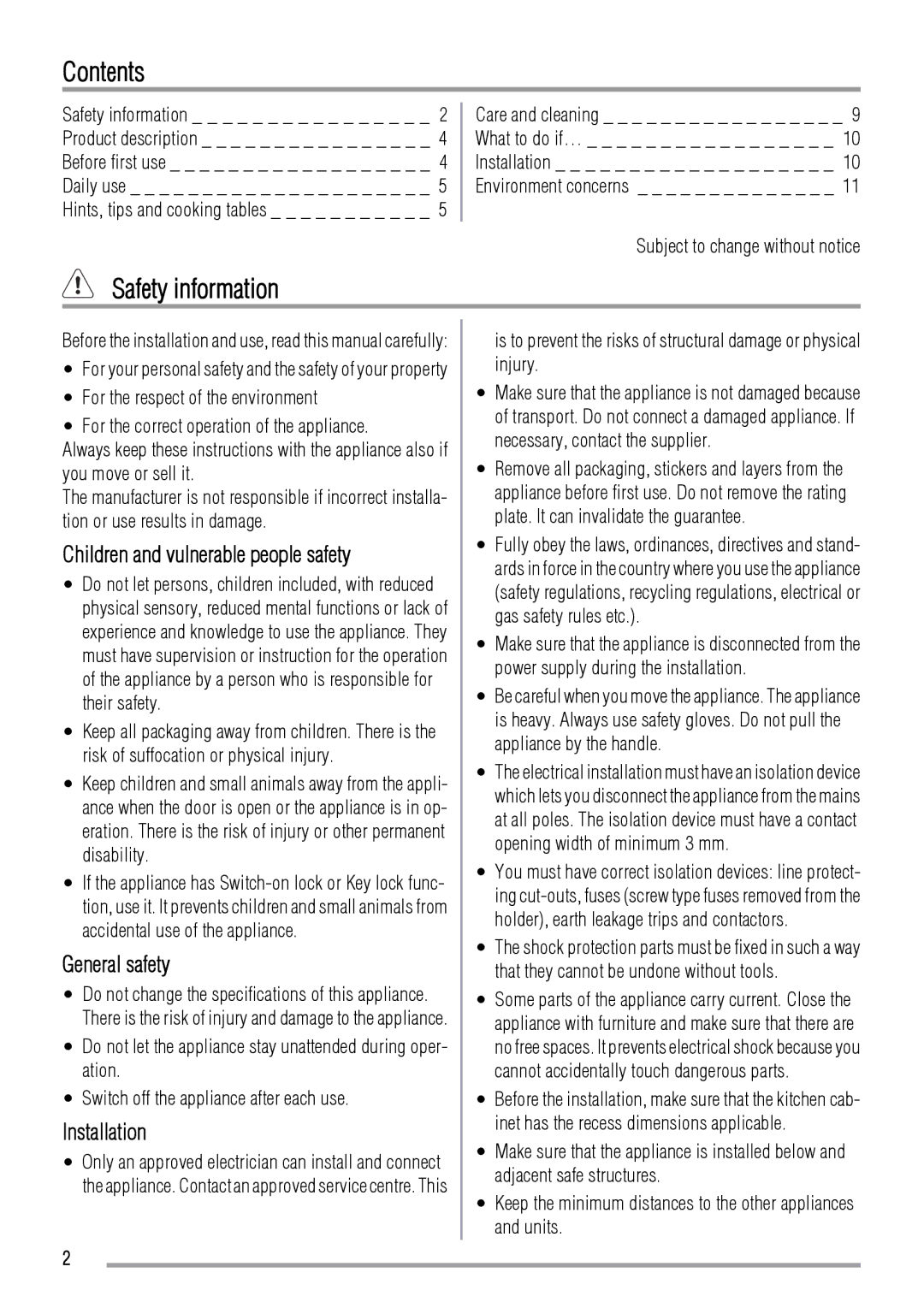 Zanussi ZOB142 user manual Contents, Safety information 