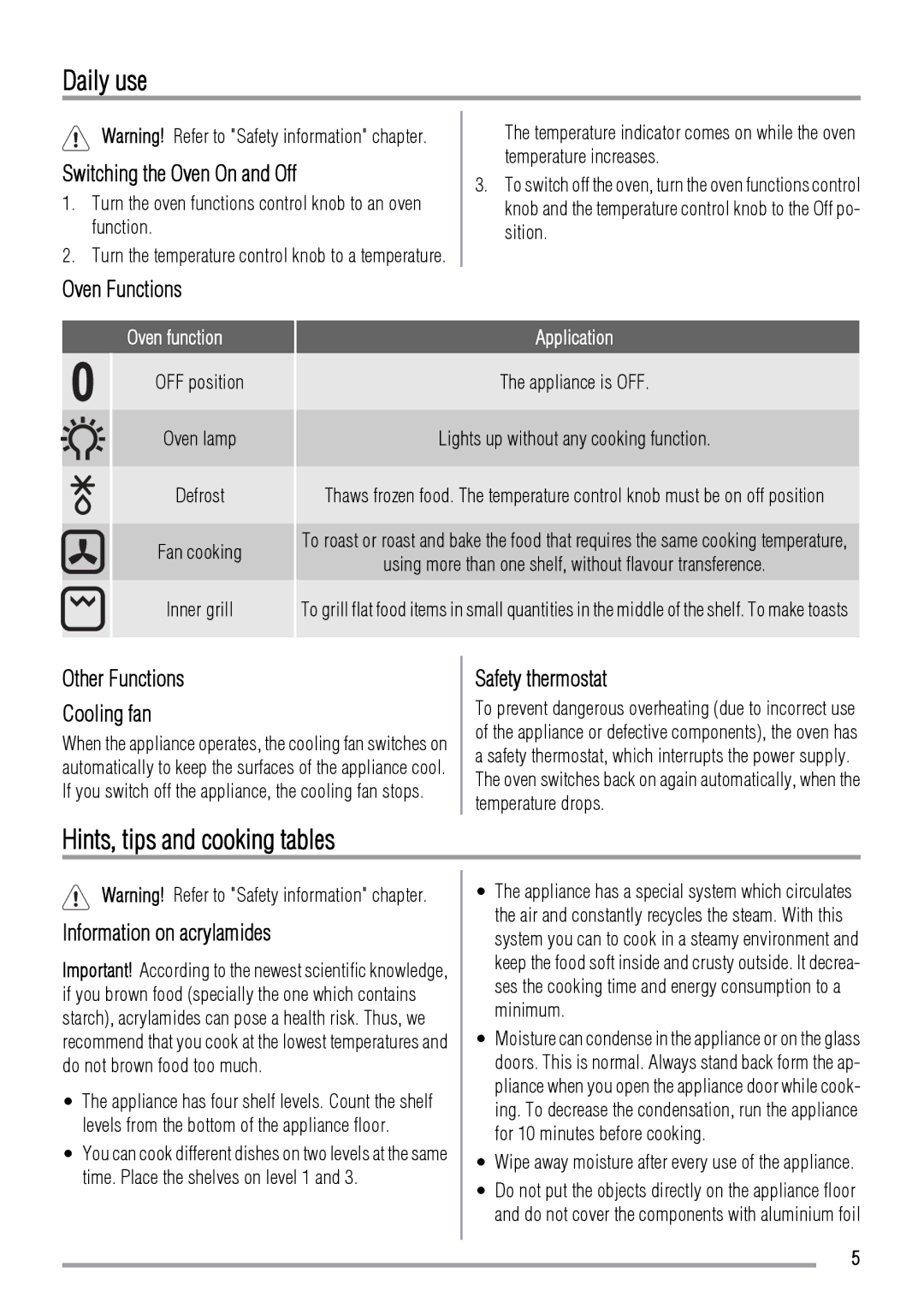 Zanussi ZOB142 user manual Daily use, Hints, tips and cooking tables 