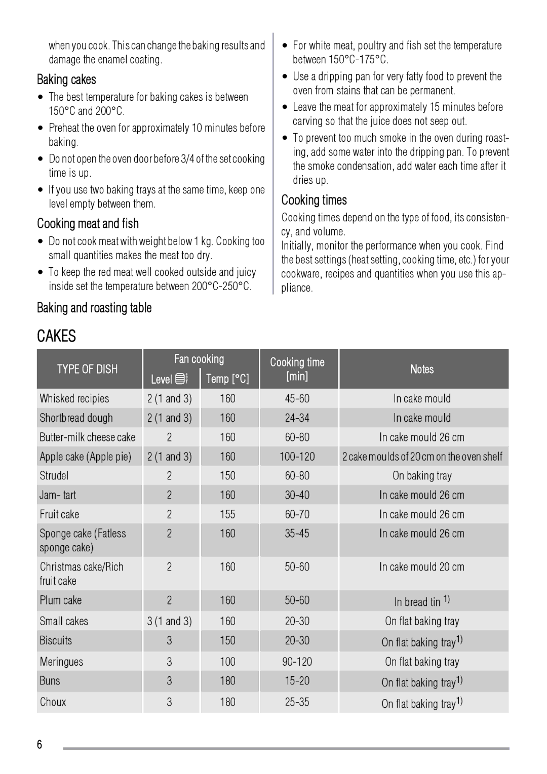 Zanussi ZOB142 user manual Cakes, Baking cakes, Cooking meat and fish, Baking and roasting table, Cooking times 