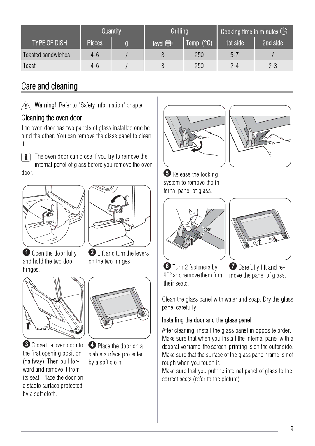 Zanussi ZOB142 user manual Care and cleaning, Cleaning the oven door, Grilling Level 