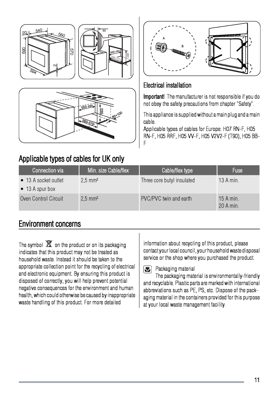 Zanussi ZOB142 user manual Environment concerns, Electrical installation, Applicable types of cables for UK only 
