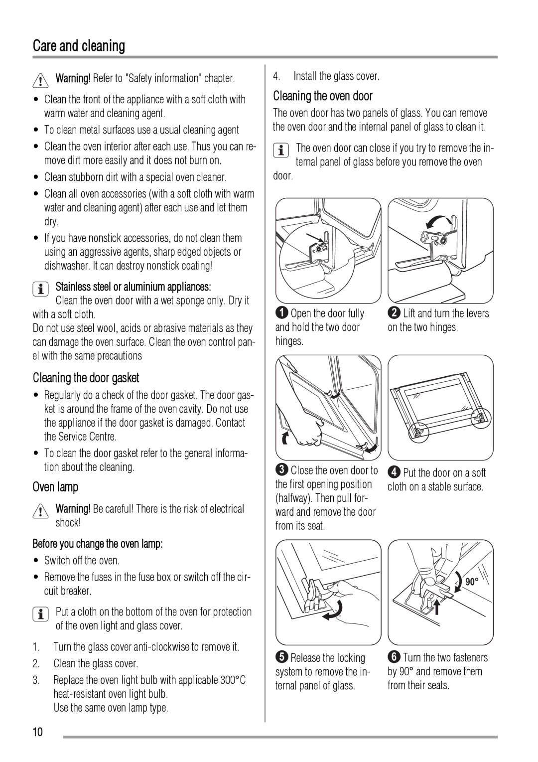 Zanussi ZOB143 Care and cleaning, Cleaning the oven door, Cleaning the door gasket, Before you change the oven lamp 