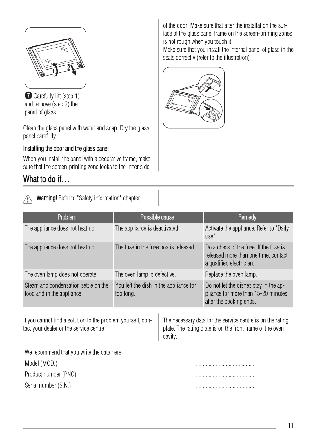 Zanussi ZOB143 user manual What to do if…, Installing the door and the glass panel 