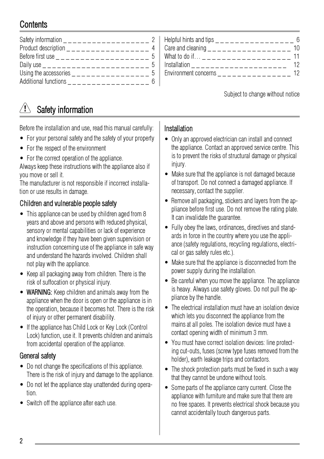 Zanussi ZOB143 user manual Contents, Safety information 