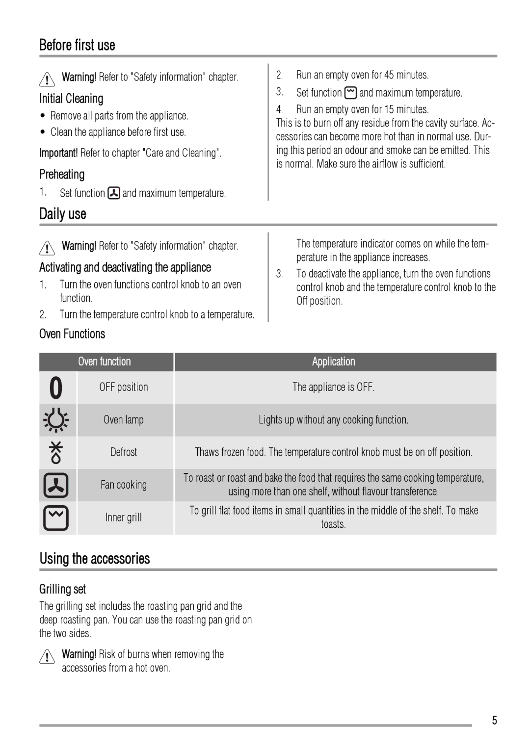 Zanussi ZOB143 user manual Before first use, Daily use, Using the accessories 