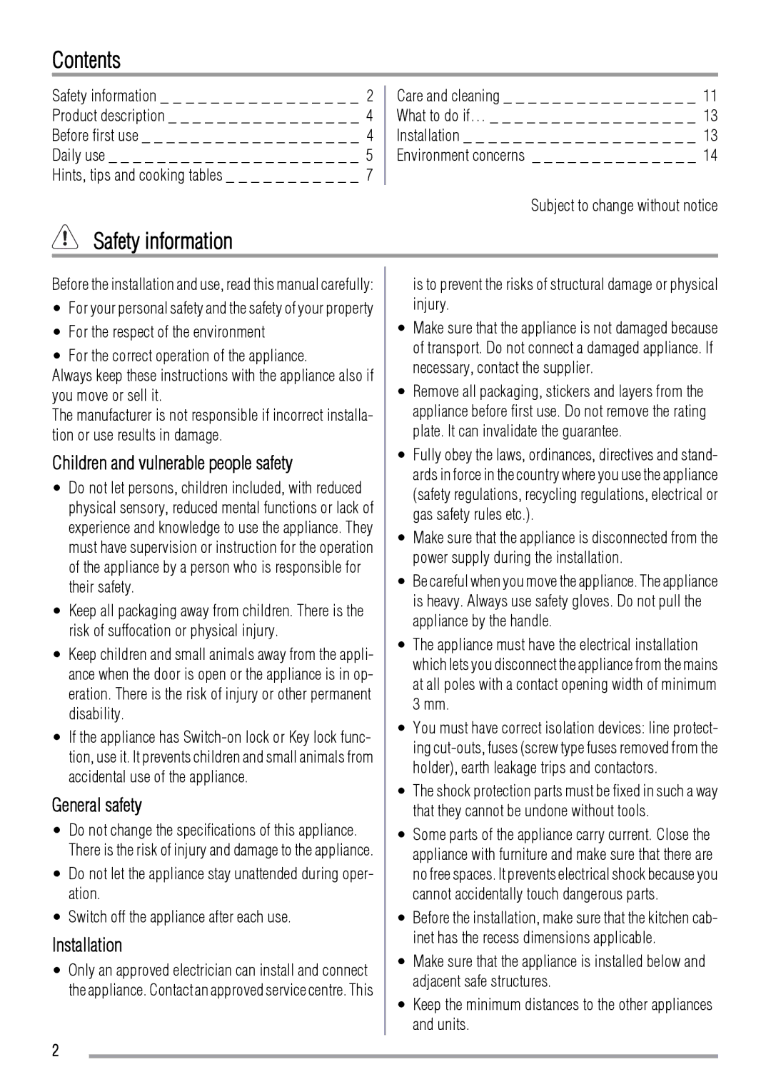 Zanussi ZOB550WL, ZOB555XL, ZOB555WL, ZOB550XL user manual Contents, Safety information 