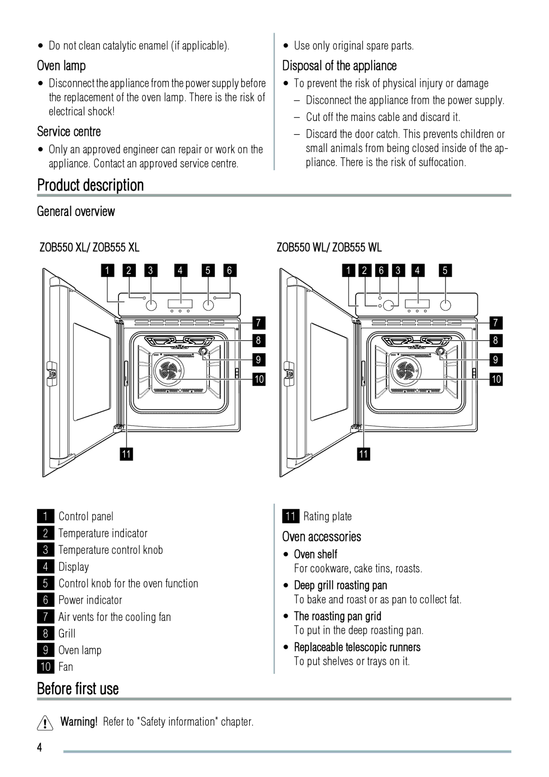 Zanussi ZOB555XL, ZOB555WL, ZOB550WL, ZOB550XL user manual Product description, Before first use 