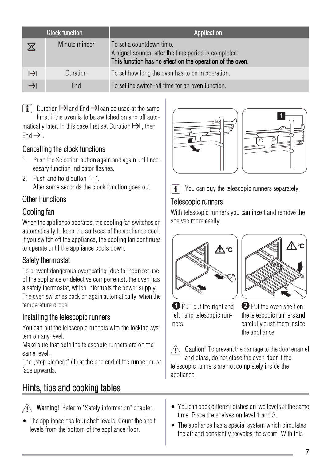 Zanussi ZOB550XL, ZOB555XL, ZOB555WL, ZOB550WL user manual Hints, tips and cooking tables 