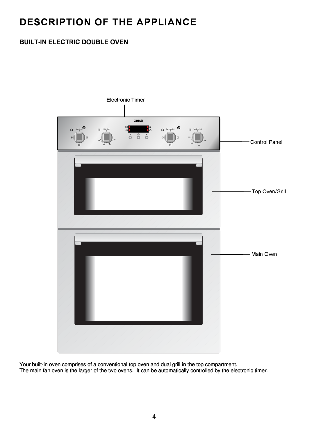 Zanussi ZOD 330 manual Description Of The Appliance, Built-Inelectric Double Oven 