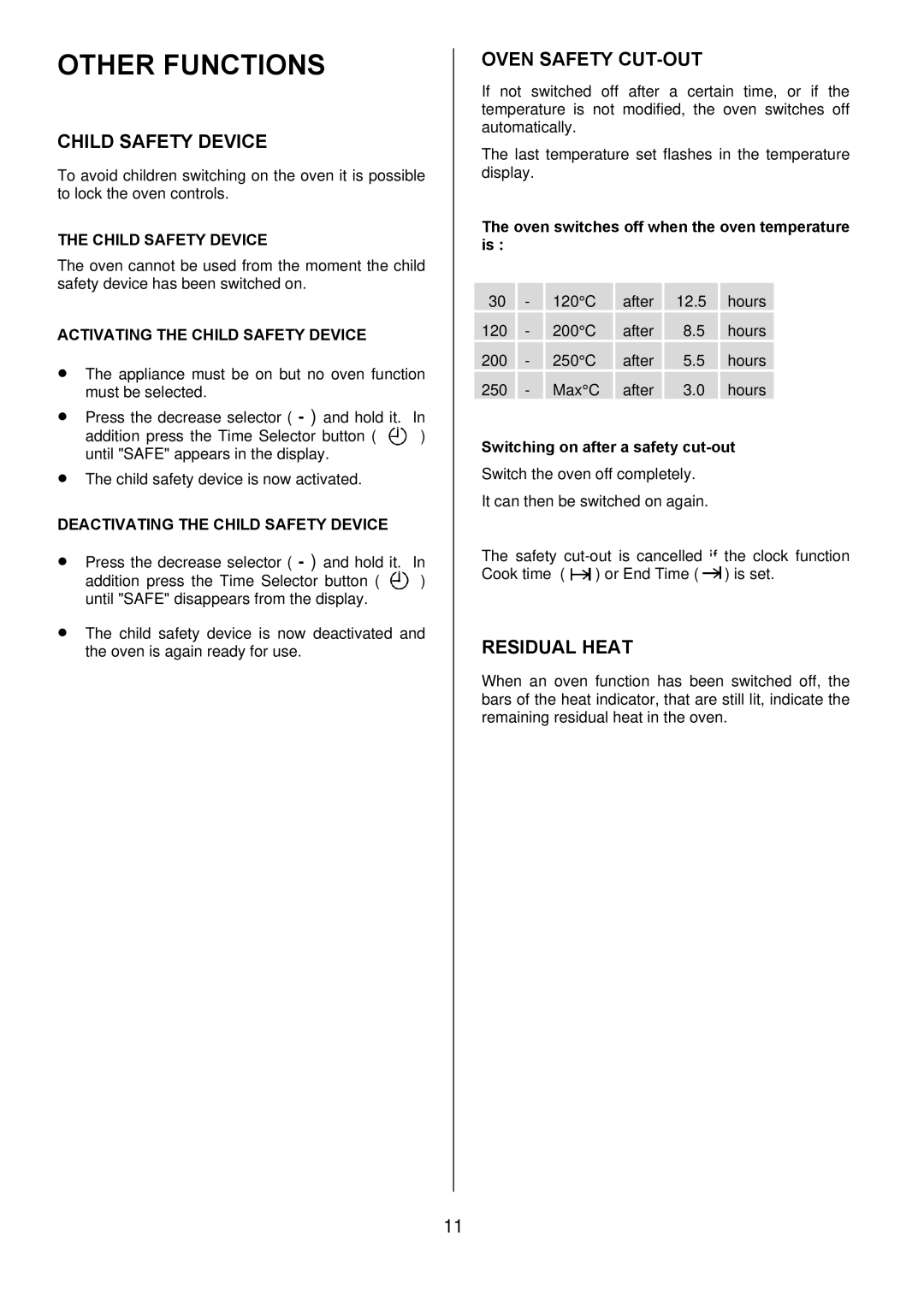 Zanussi ZOD 685 manual Other Functions, Child Safety Device, Oven Safety CUT-OUT, Residual Heat 