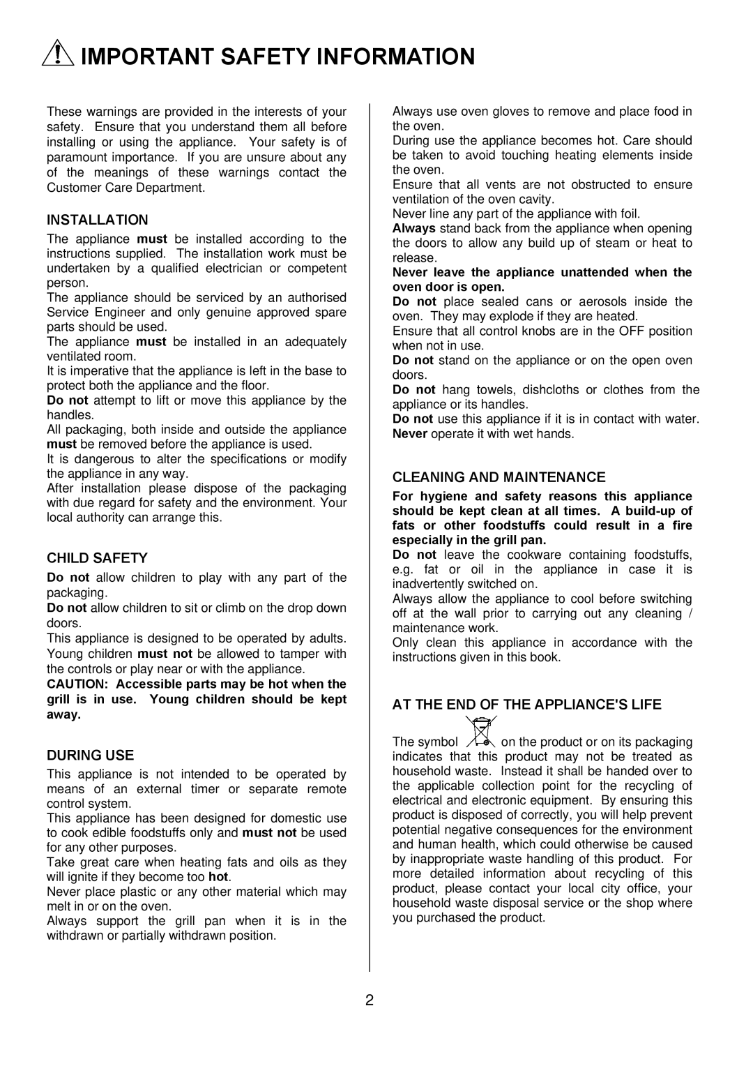 Zanussi ZOD 685 manual Important Safety Information, Installation 