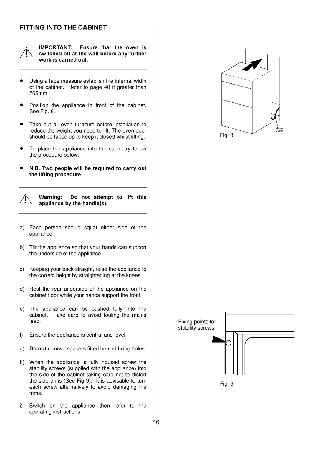 Zanussi ZOD 685 manual Fitting Into the Cabinet 