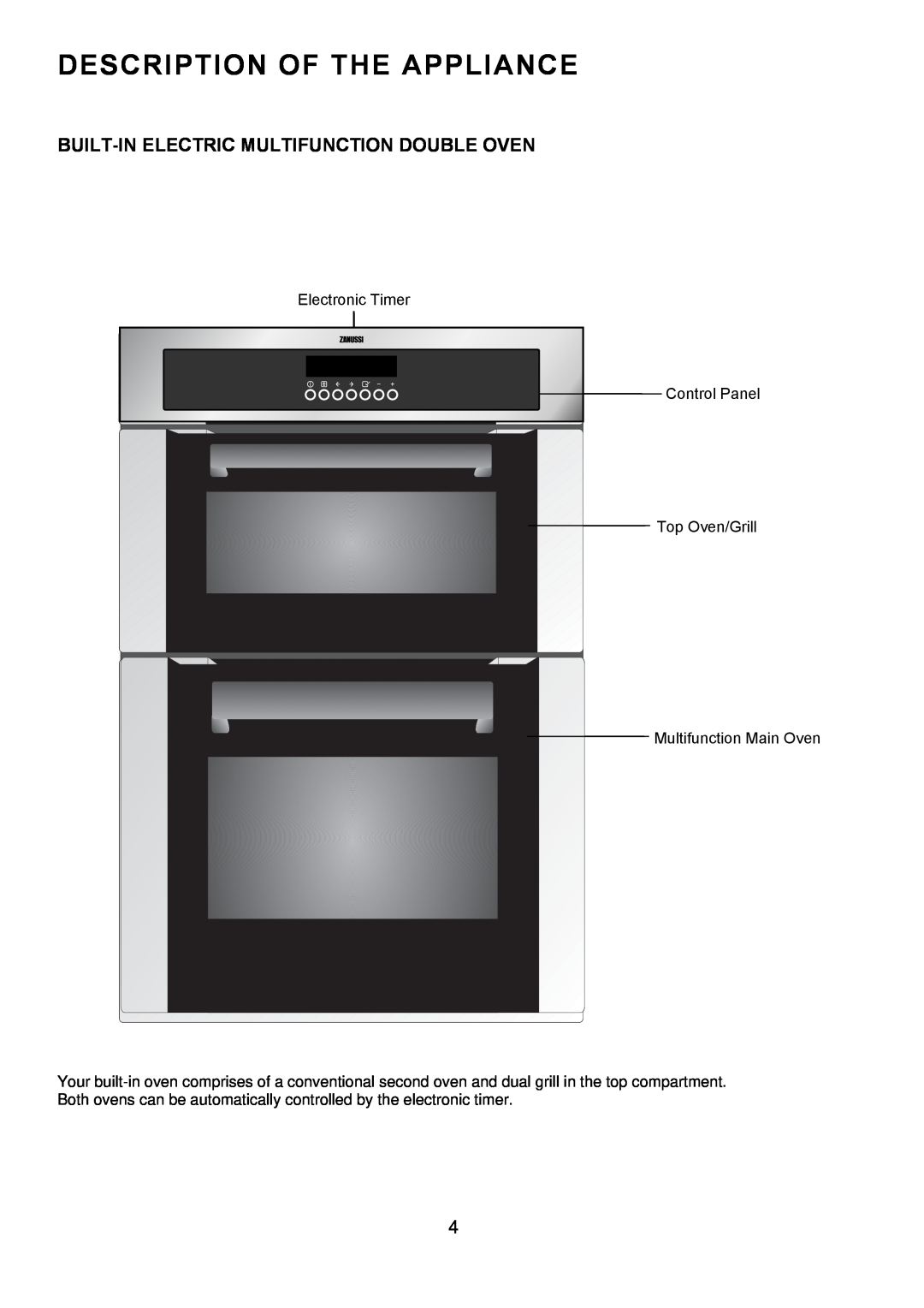 Zanussi ZOD 685 Description Of The Appliance, Built-In Electric Multifunction Double Oven, Electronic Timer, Control Panel 