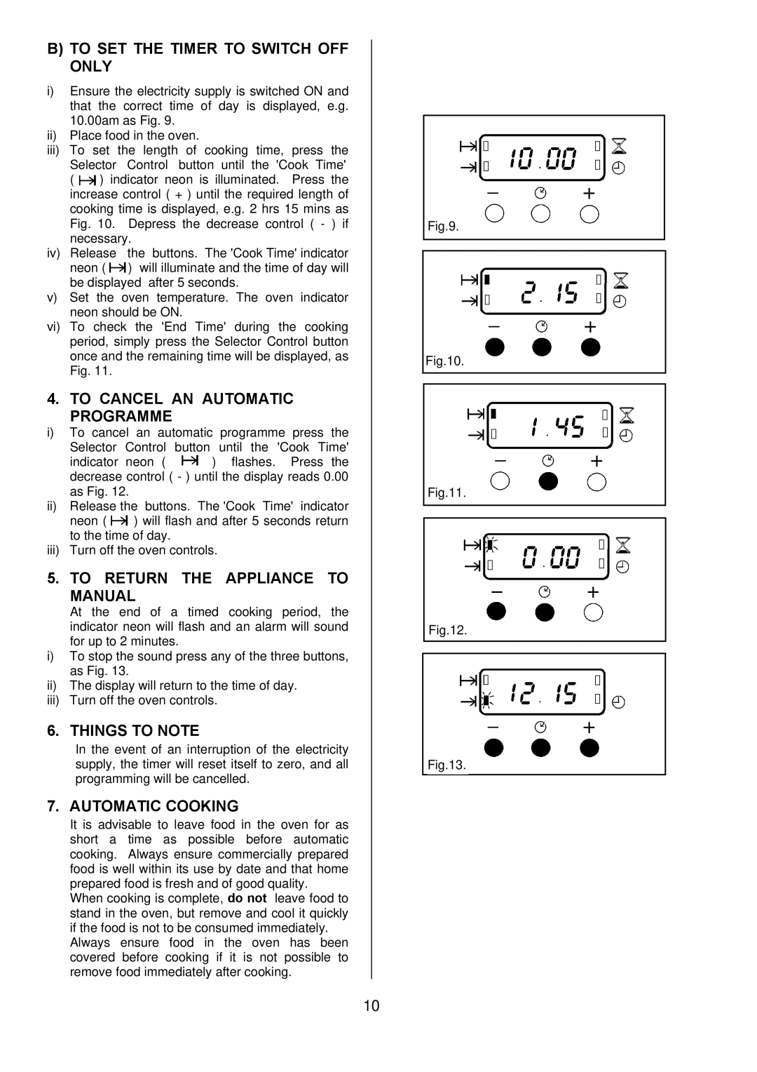 Zanussi ZOD 890 To SET the Timer to Switch OFF only, To Cancel AN Automatic Programme, To Return the Appliance to Manual 