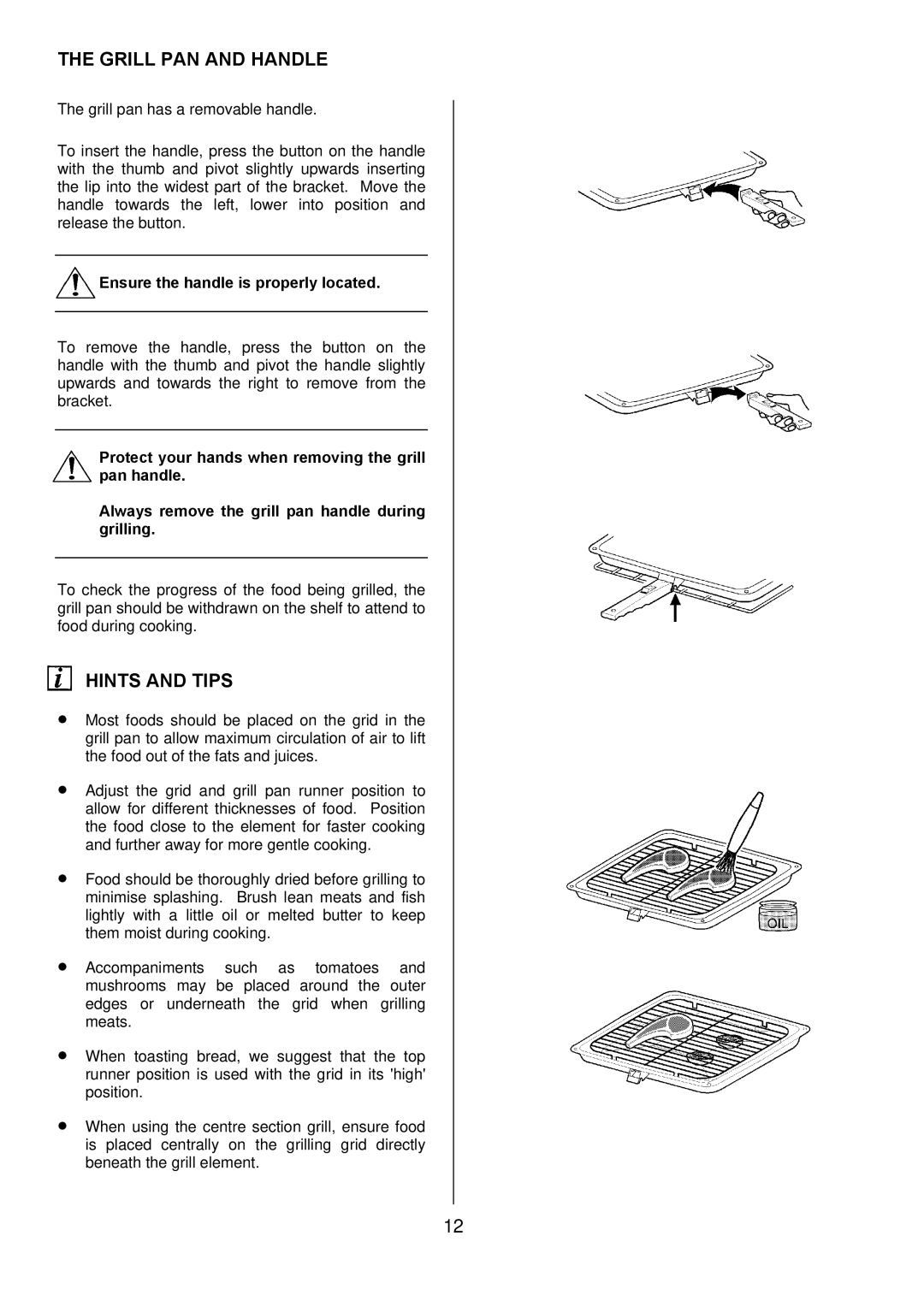 Zanussi ZOD 890 manual Grill PAN and Handle, Hints and Tips, Ensure the handle is properly located 