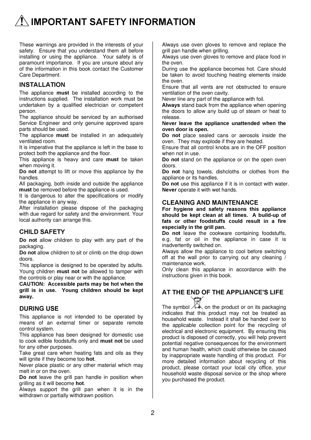 Zanussi ZOD 890 manual Important Safety Information 