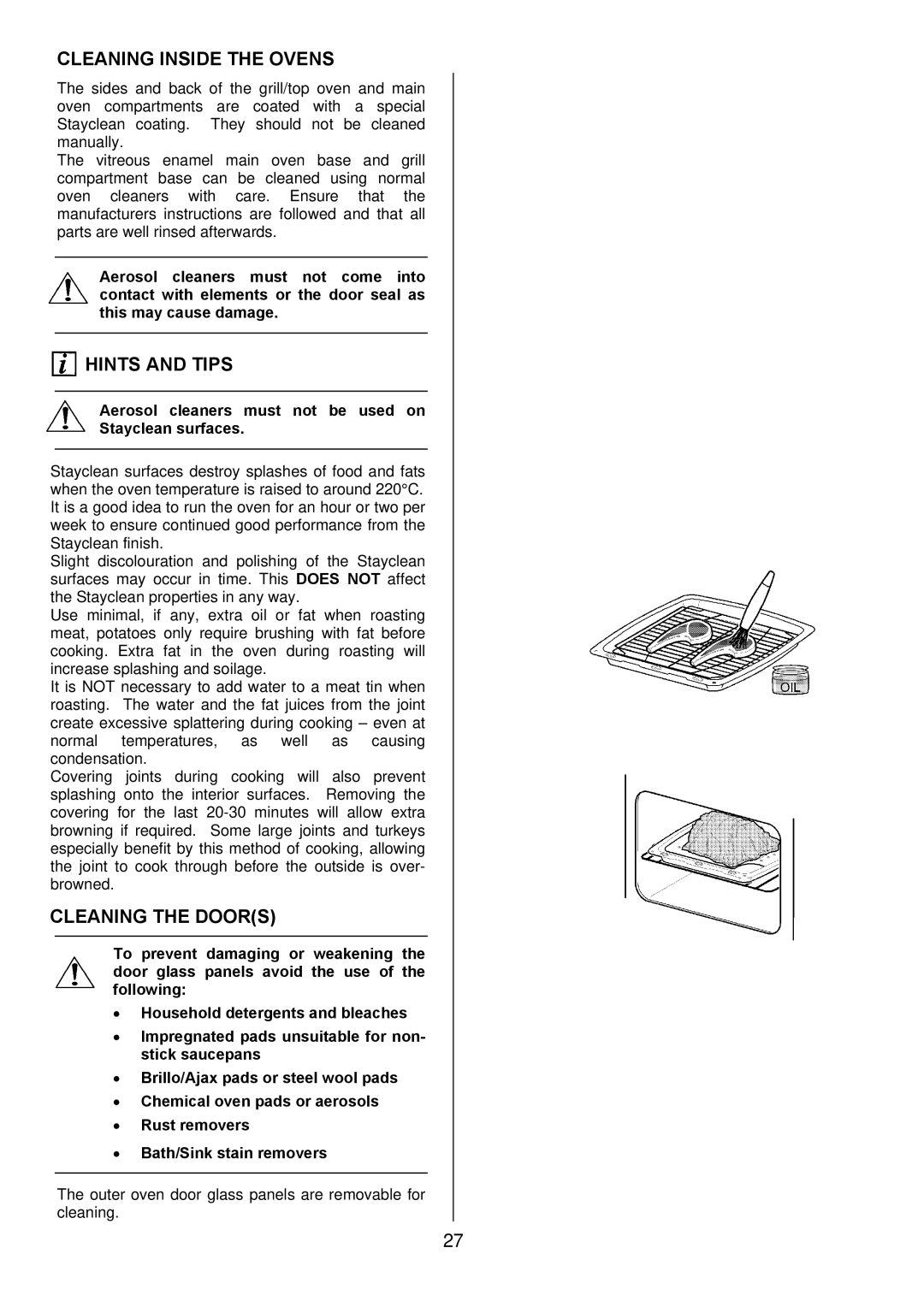 Zanussi ZOD 890 Cleaning Inside the Ovens, Cleaning the Doors, Aerosol cleaners must not be used on Stayclean surfaces 