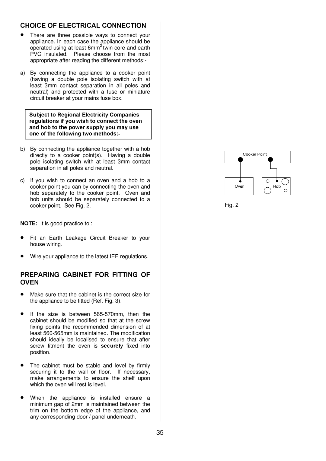 Zanussi ZOD 890 manual Choice of Electrical Connection, Preparing Cabinet for Fitting of Oven 