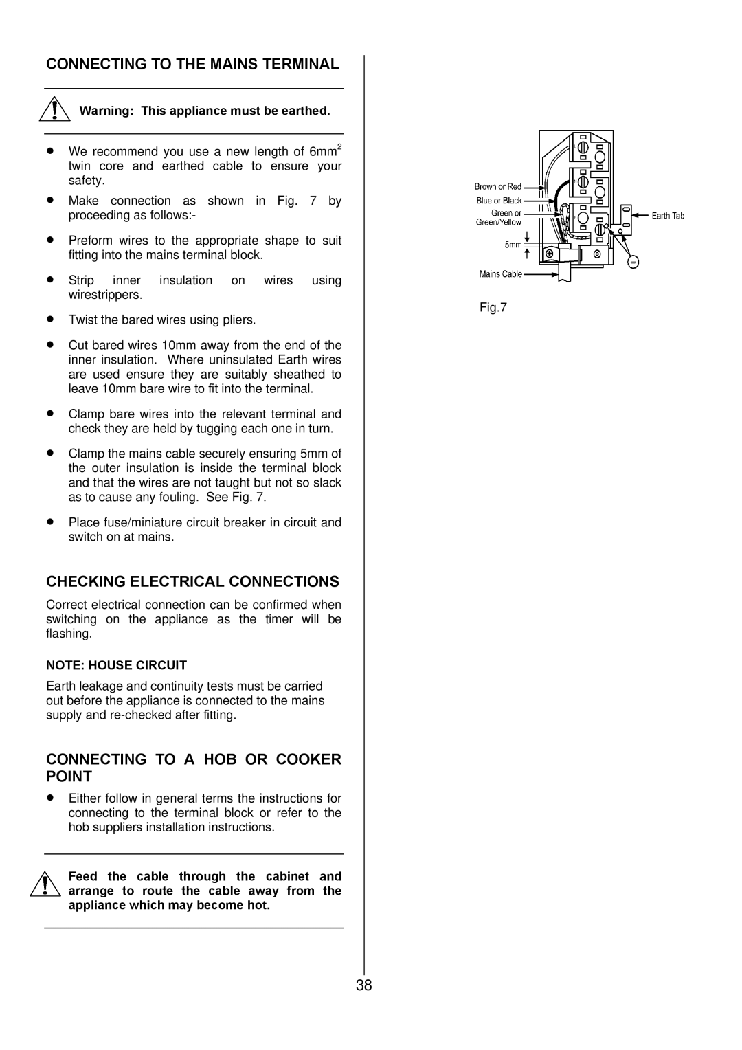 Zanussi ZOD 890 Connecting to the Mains Terminal, Checking Electrical Connections, Connecting to a HOB or Cooker Point 