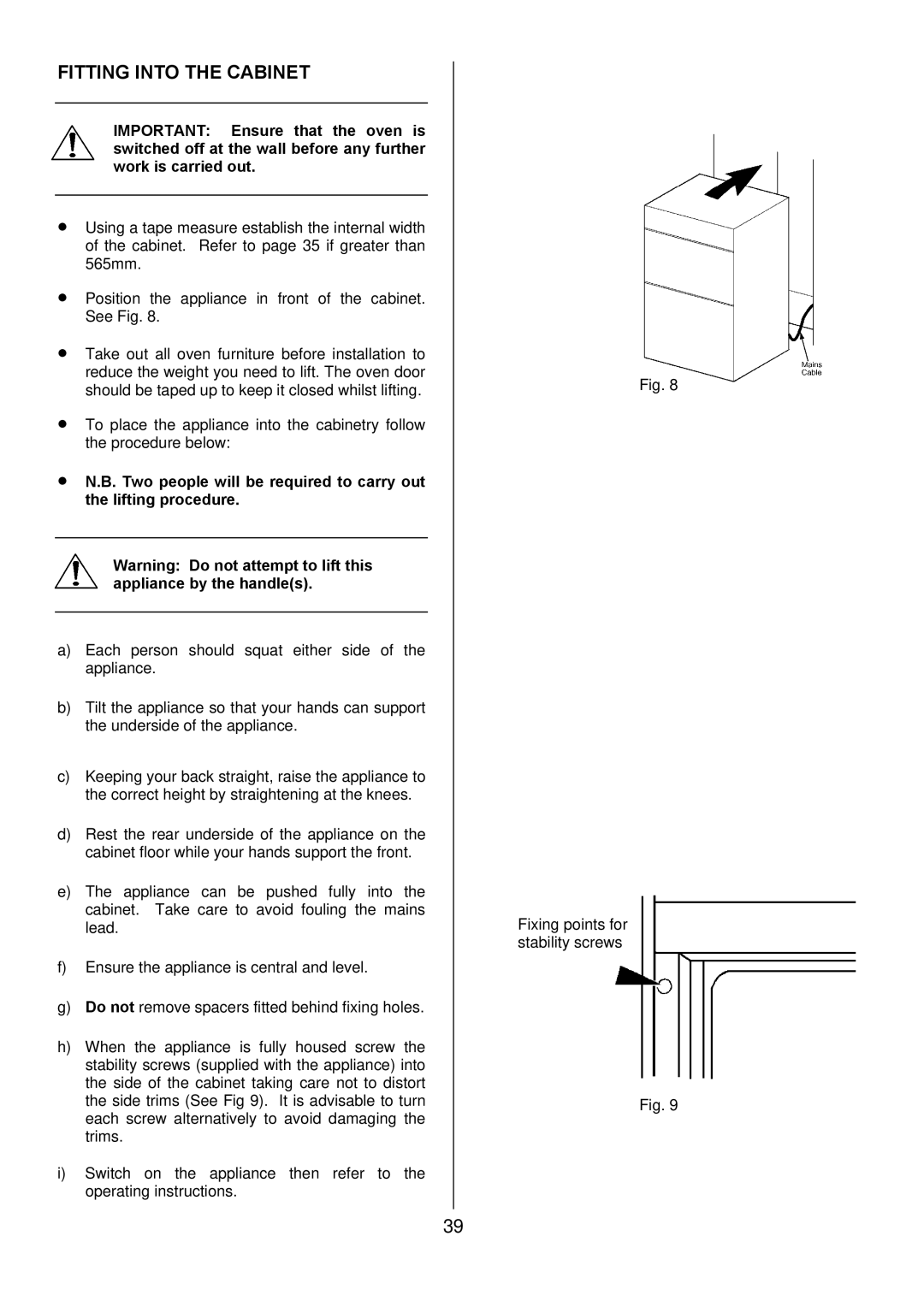 Zanussi ZOD 890 manual Fitting Into the Cabinet 