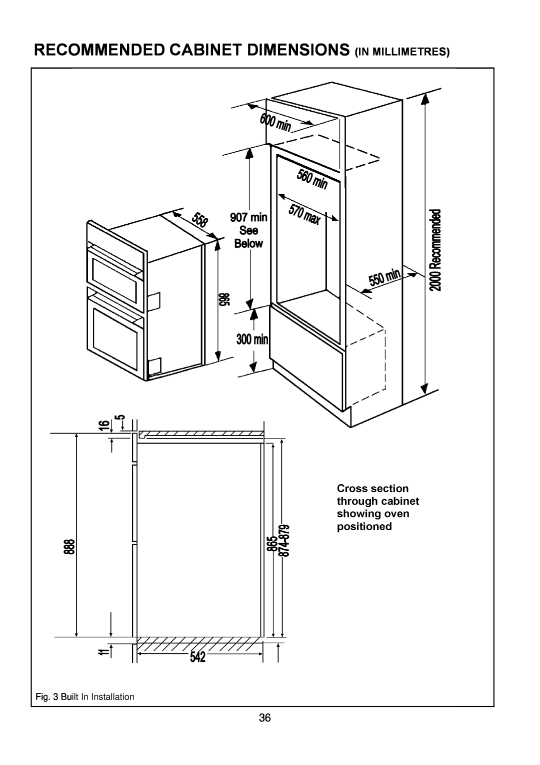Zanussi ZOD 890 manual Recommended Cabinet Dimensions In Millimetres, Cross section through cabinet showing oven positioned 