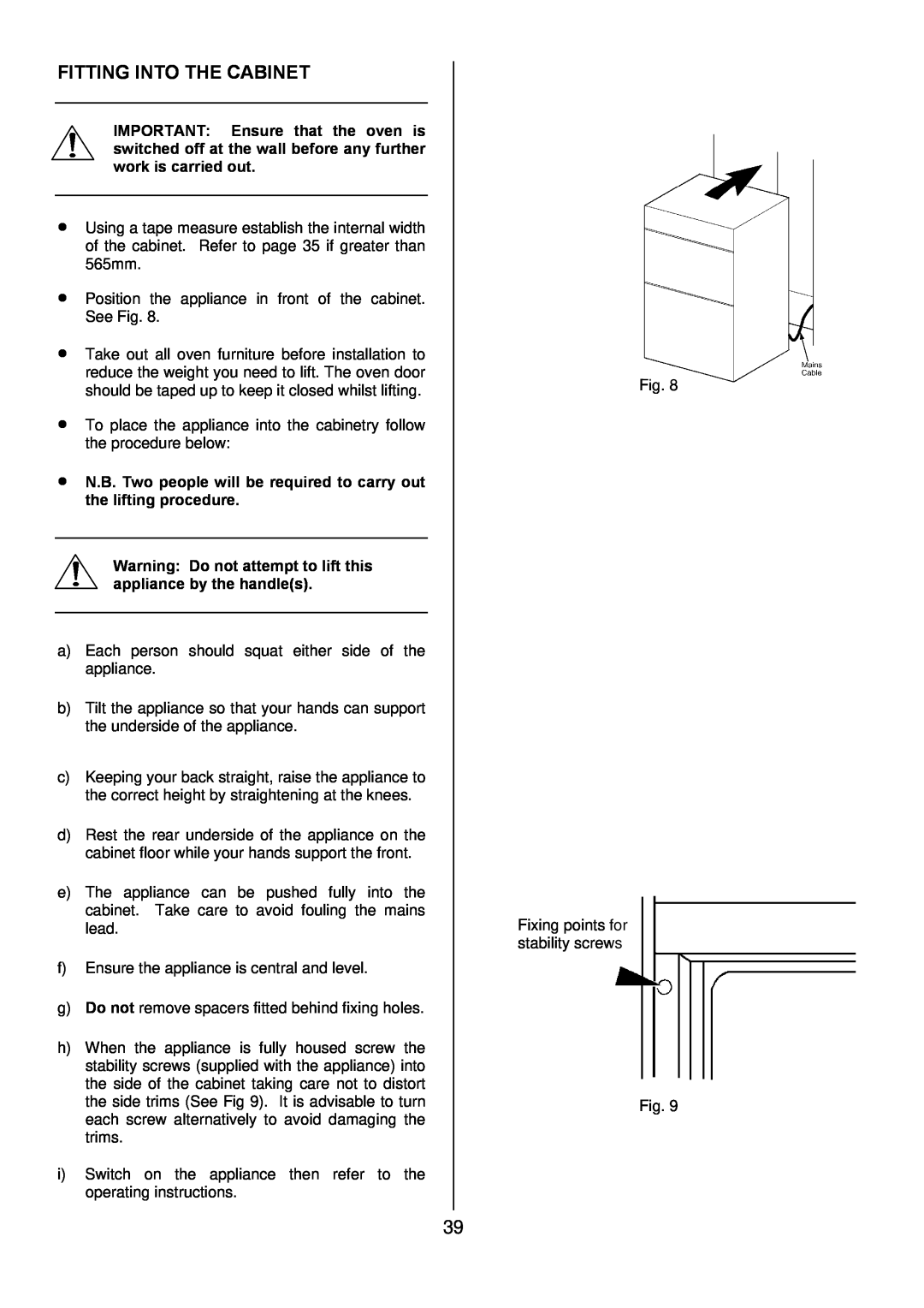 Zanussi ZOD 890 manual Fitting Into The Cabinet, N.B. Two people will be required to carry out the lifting procedure 