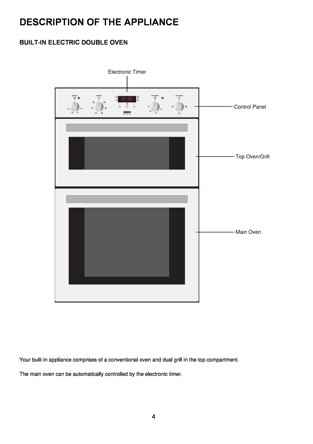 Zanussi ZOD 890 manual Description Of The Appliance, Built-In Electric Double Oven 