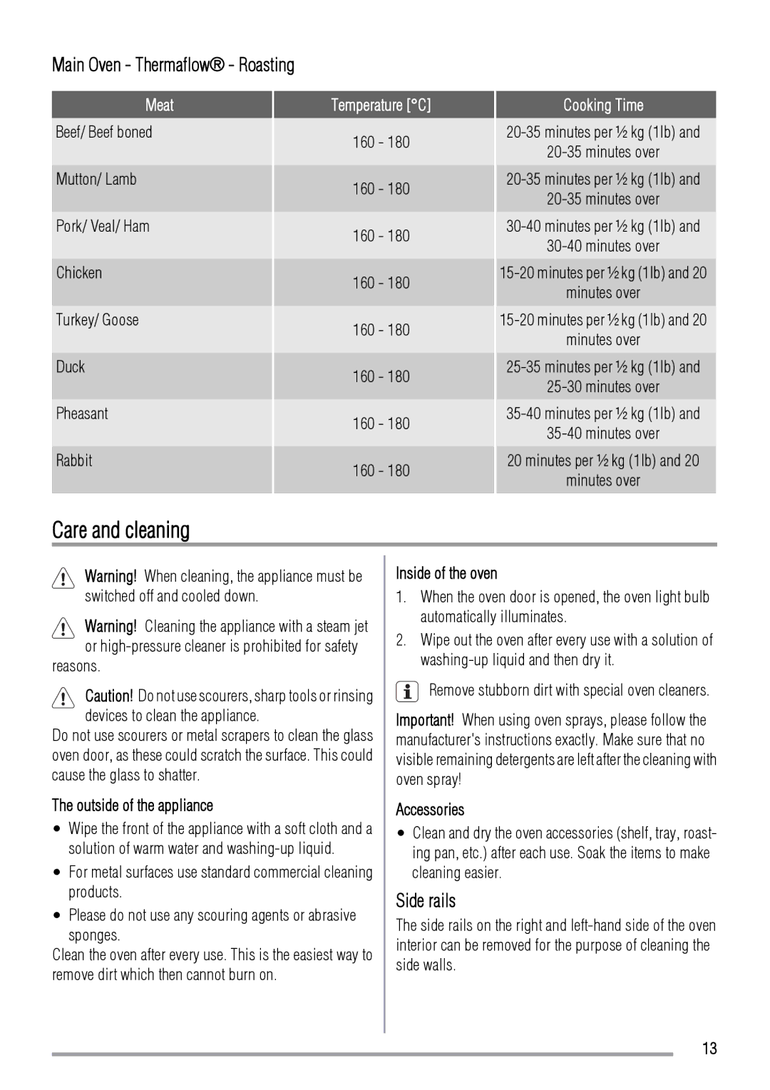 Zanussi ZOD370 user manual Care and cleaning, Main Oven Thermaflow Roasting, Side rails 