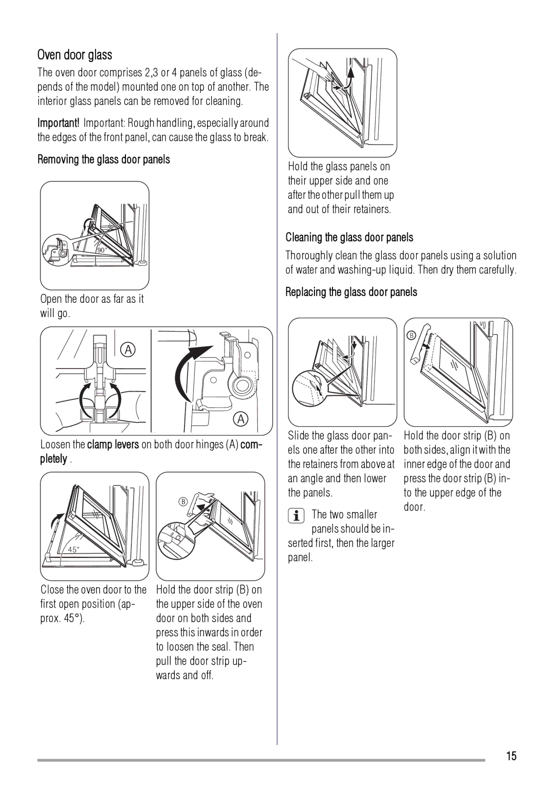 Zanussi ZOD370 user manual Oven door glass, Removing the glass door panels, Cleaning the glass door panels 