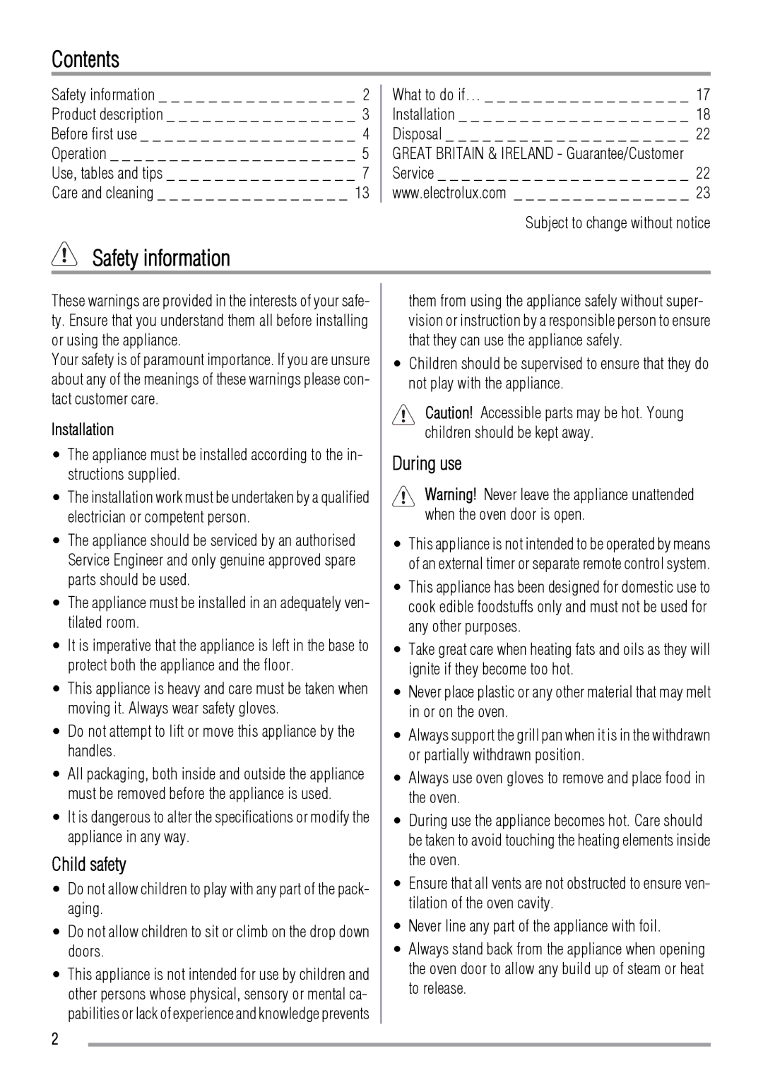 Zanussi ZOD370 user manual Contents, Safety information 