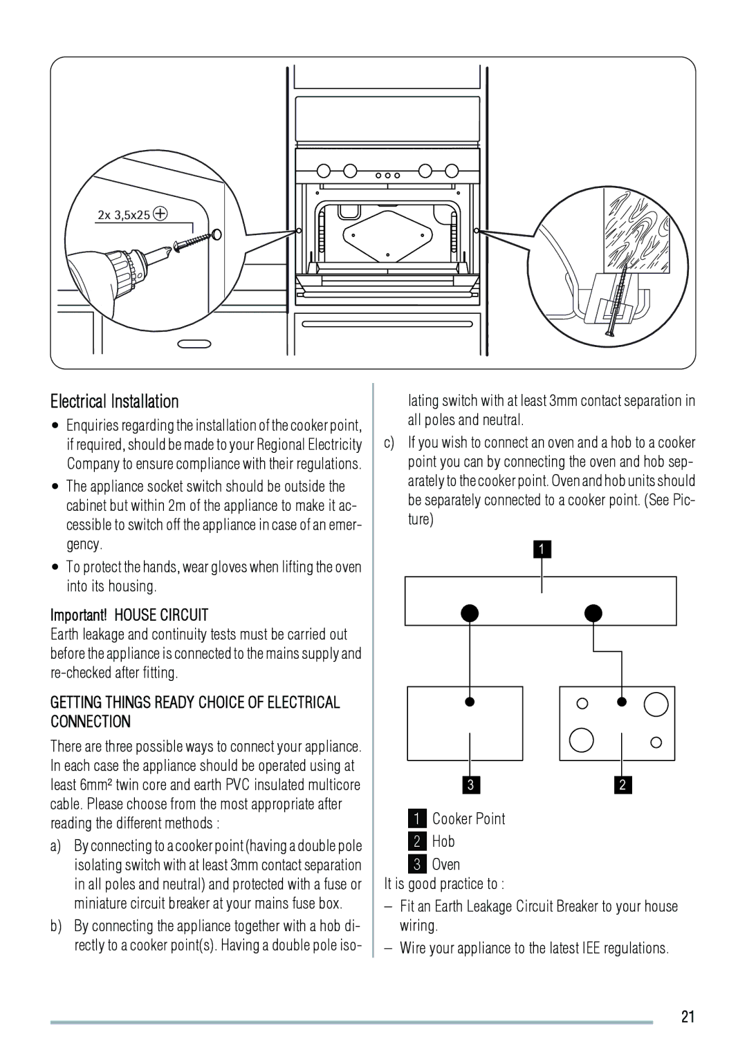 Zanussi ZOD370 user manual Electrical Installation, Important! House Circuit 