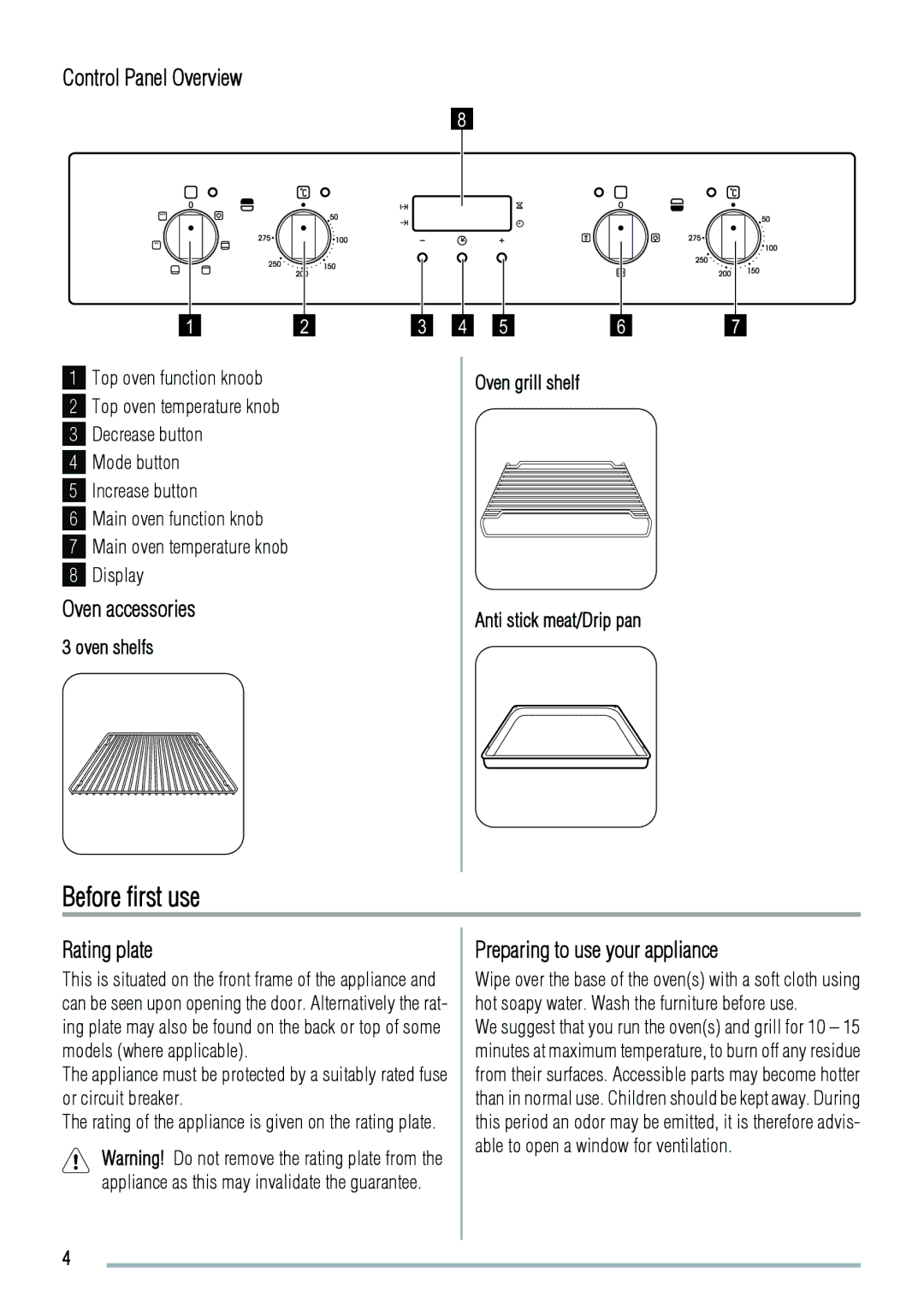 Zanussi ZOD370 Before first use, Control Panel Overview, Oven accessories, Rating plate, Preparing to use your appliance 