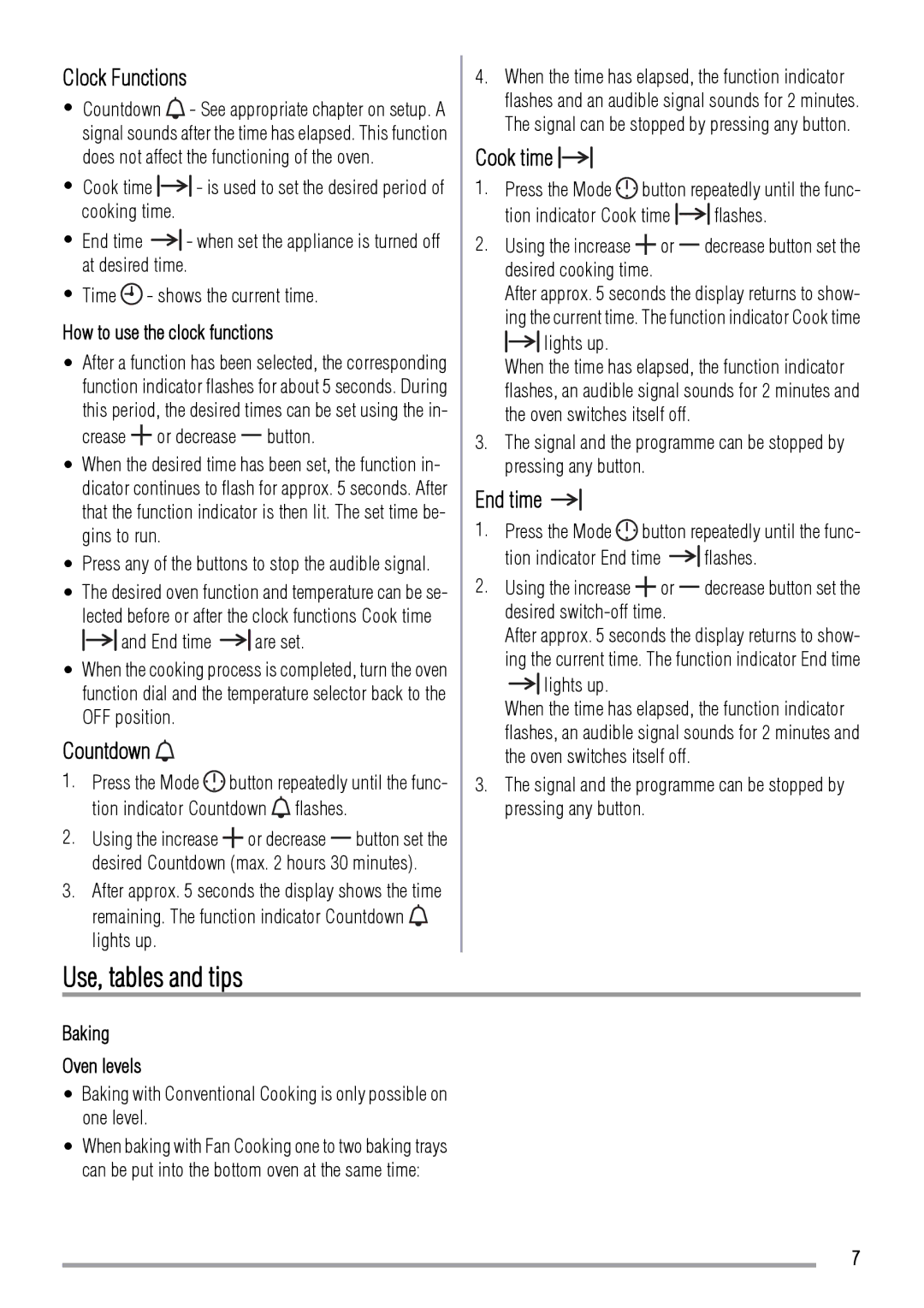 Zanussi ZOD370 user manual Use, tables and tips, Clock Functions, Countdown, Cook time, End time 