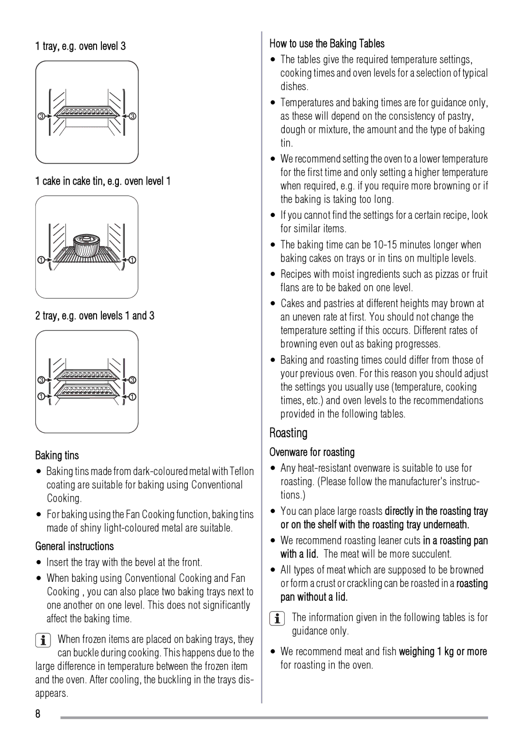 Zanussi ZOD370 Roasting, General instructions, Insert the tray with the bevel at the front, How to use the Baking Tables 